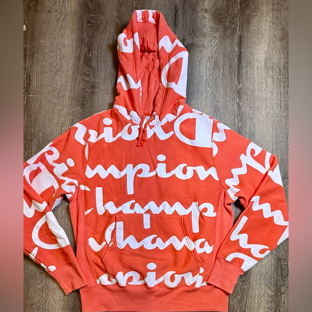 Champion, Coral Reverse Weave All Over Print Logo Unisex Coral Hoodie, Medium